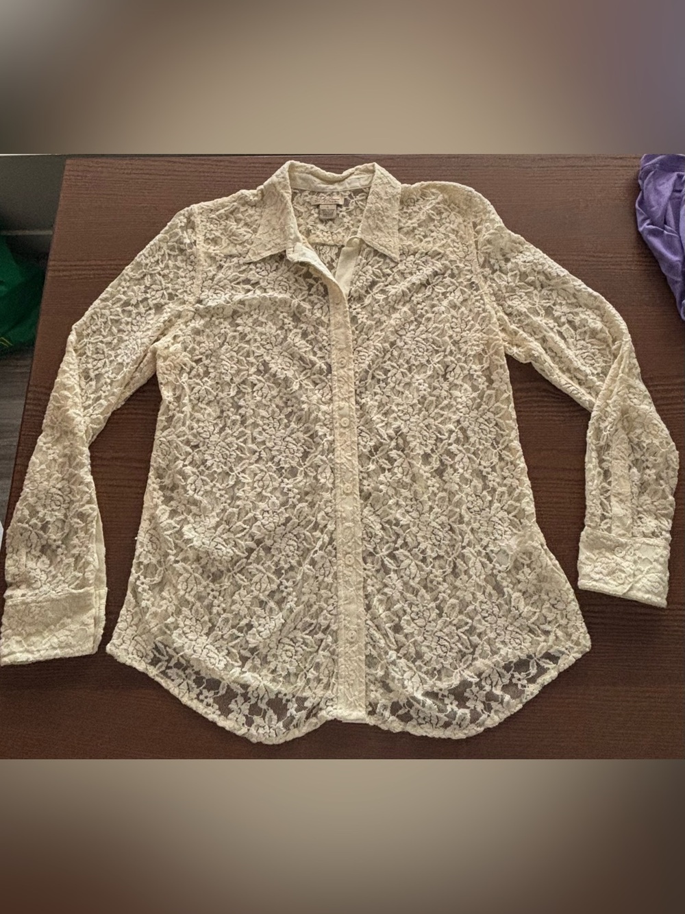Lucky brand women’s collared sheer floral lace button up top LARGE